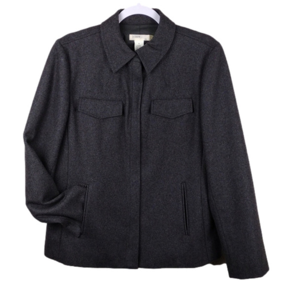 J. Crew Dark Gray Wool Blend Snap Collar Funnel Neck Long Sleeve Zip Up Coat - Picture 1 of 10